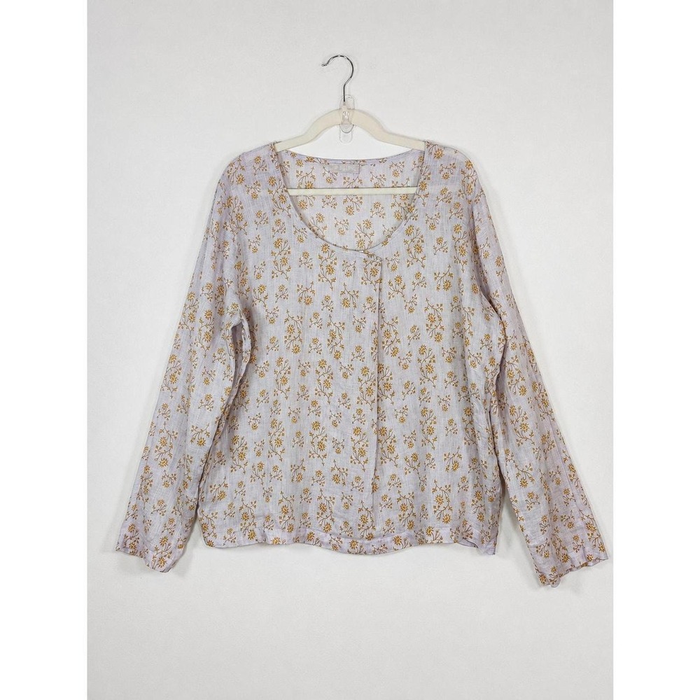 CP Shades Linen Floral Asymmetrical Top Pink Lilac Tan Long Sleeve Lagenlook L